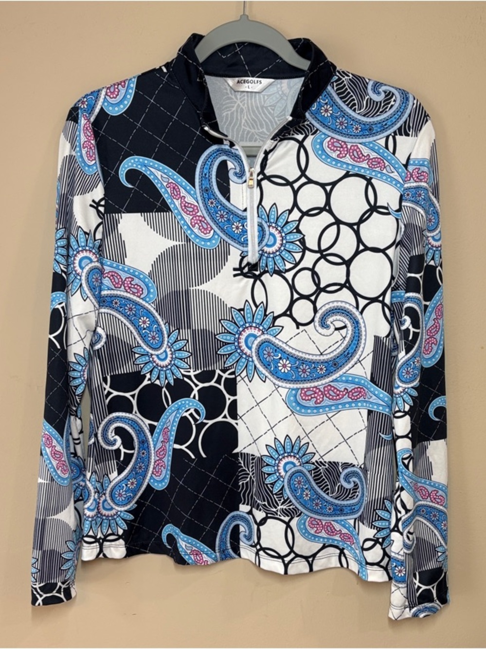 ACEGOLFS Black & White Patterned Quarter-Zip Pullover, L